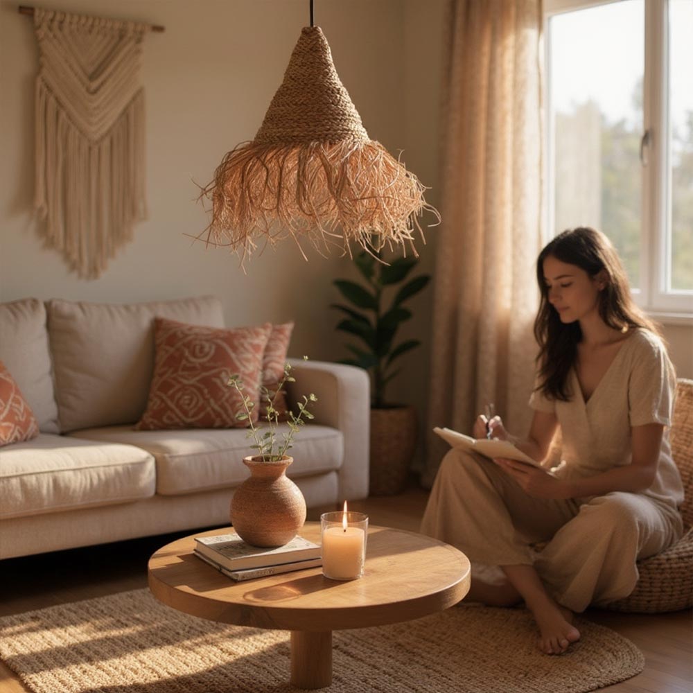 Abat-jour bohème en Raphia cannelle | Collection FARATSIHO