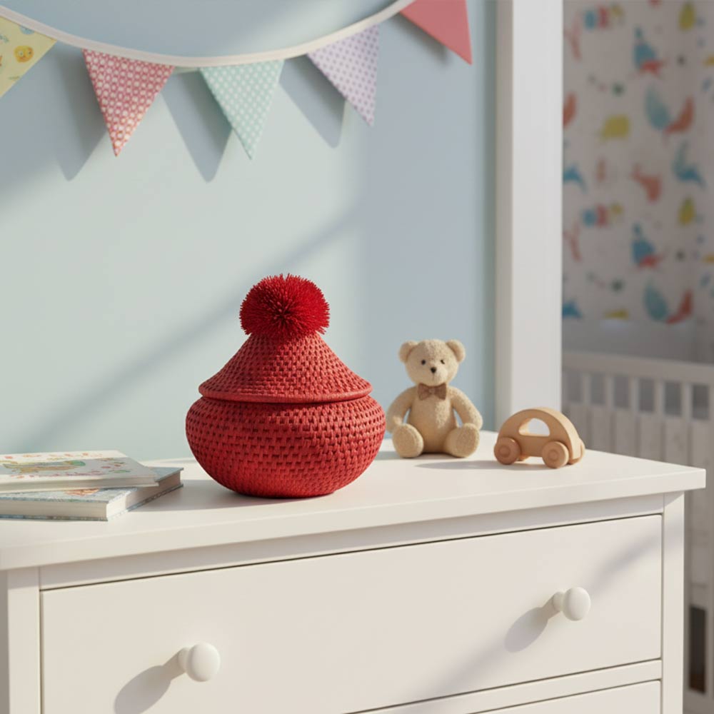 Petite boîte pompon en raphia naturel | Rouge