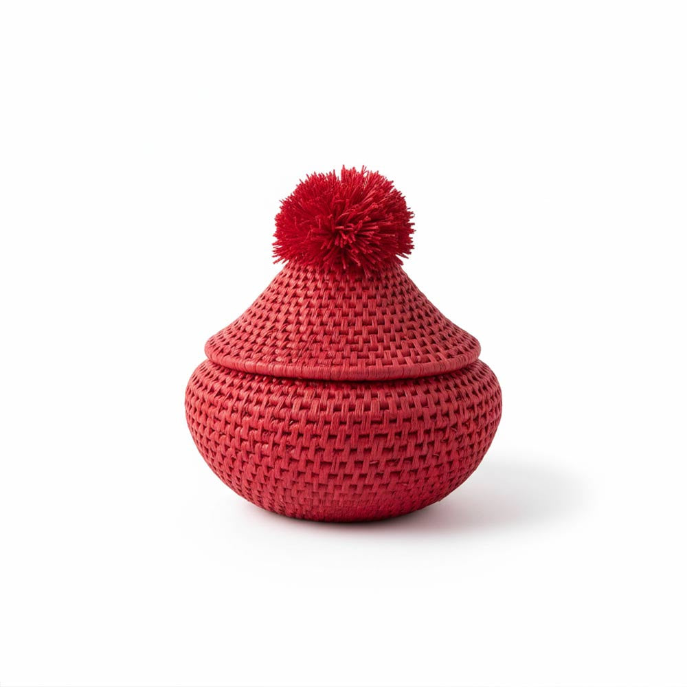 Petite boîte pompon en raphia naturel | Rouge
