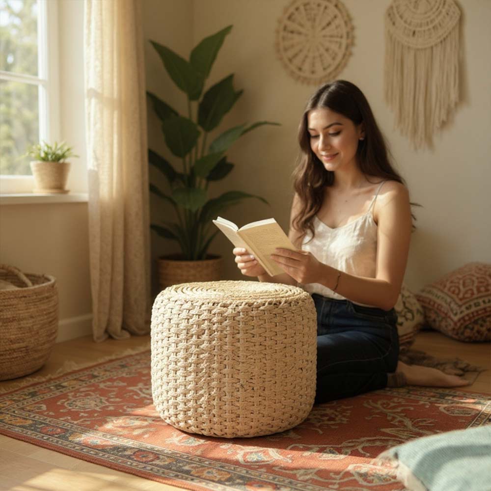Pouf Moyen en Raphia tressé beige