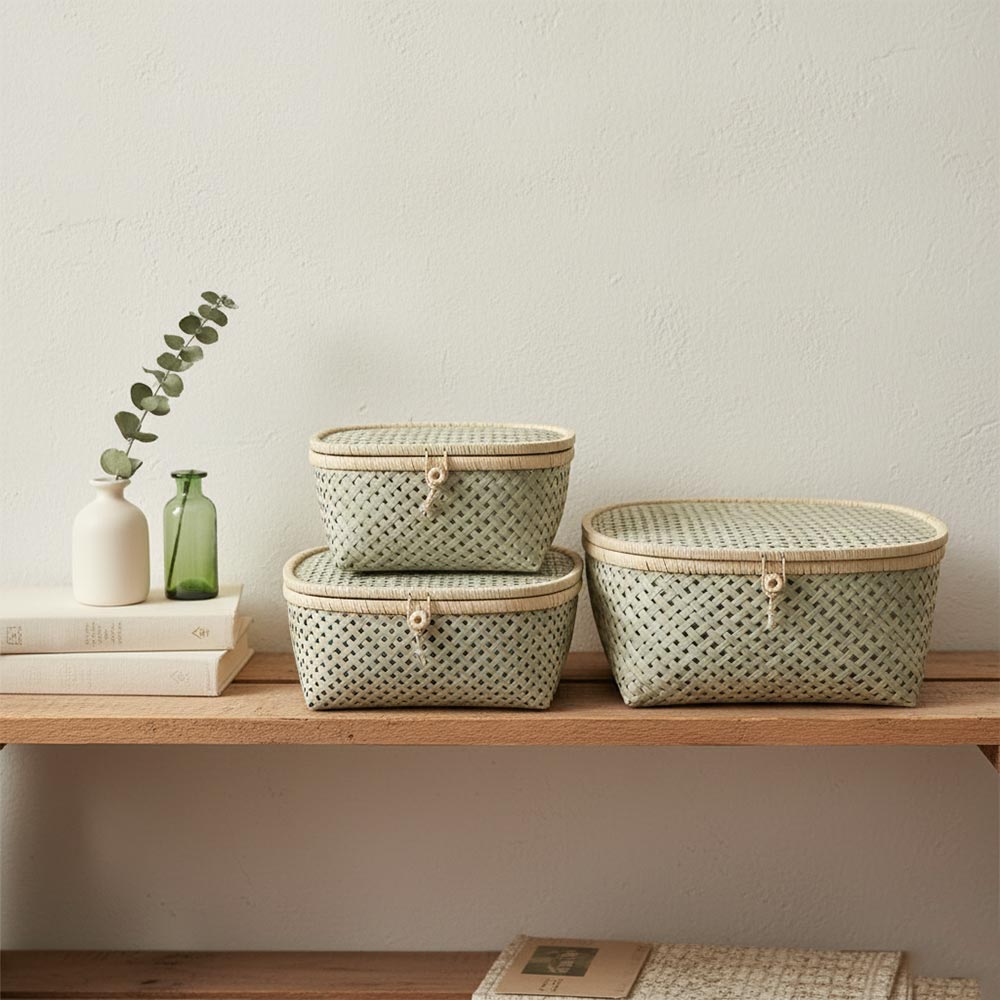 Kit de 3 paniers de rangement en raphia et fibre de palmier | Carré