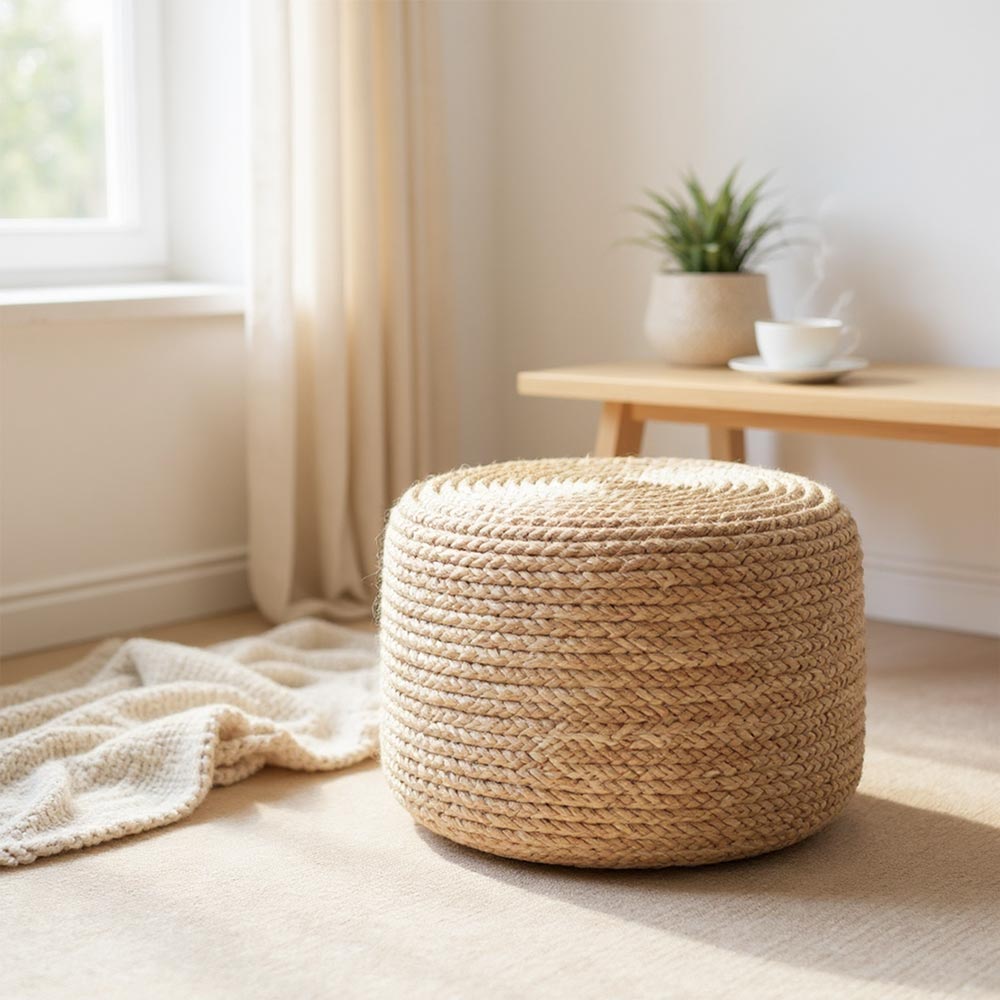 Grand Pouf en Raphia tressé bohème Cannelle