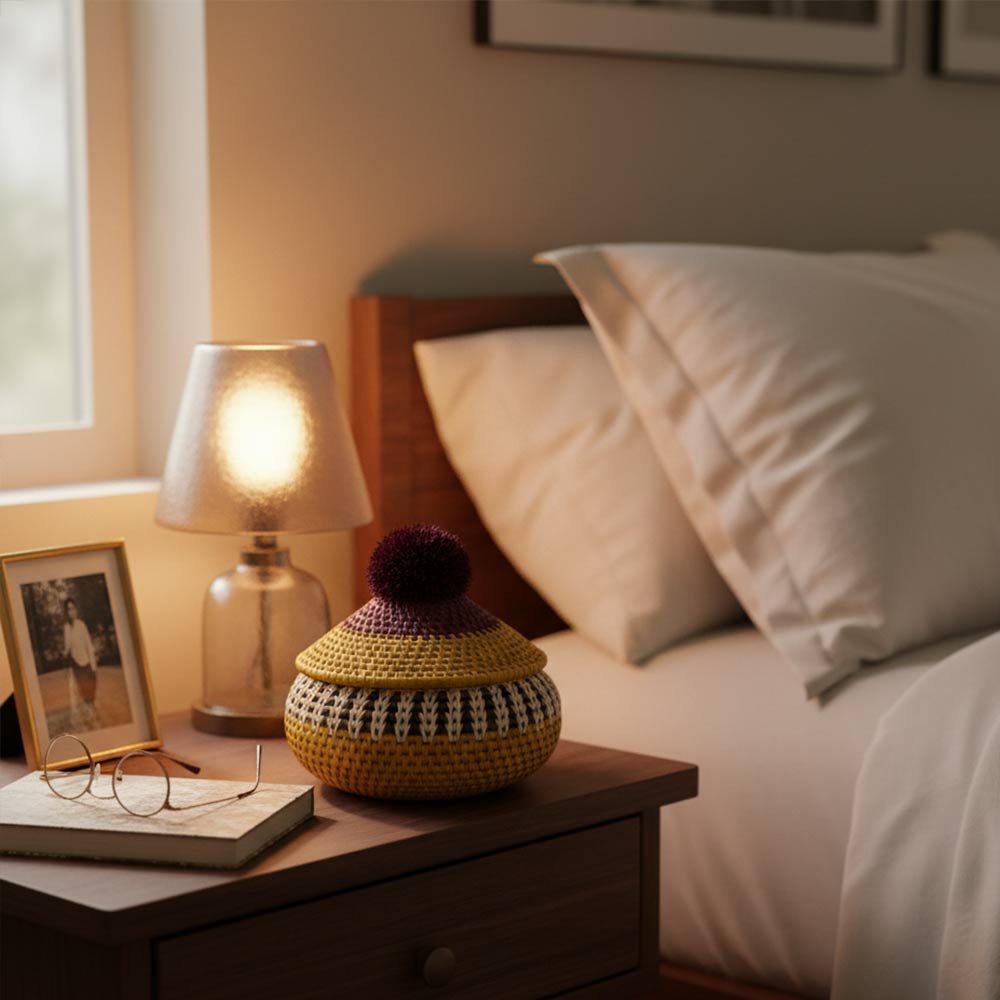 Petite boîte pompon en raphia naturel | Miel