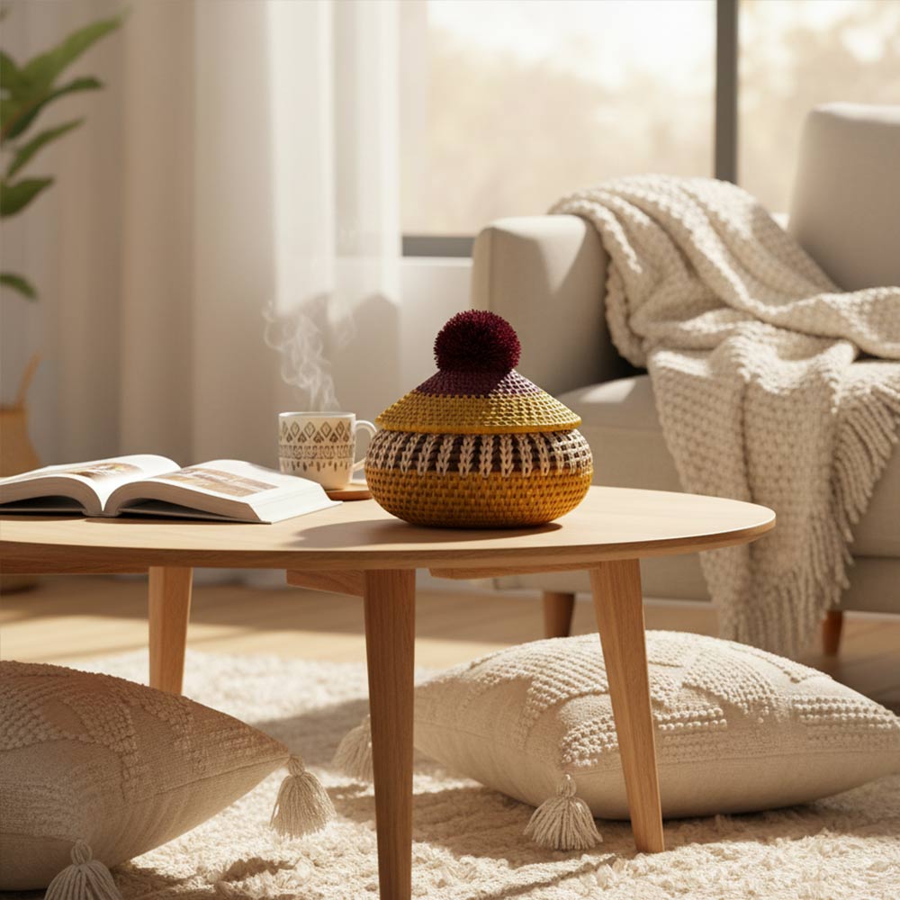 Petite boîte pompon en raphia naturel | Miel