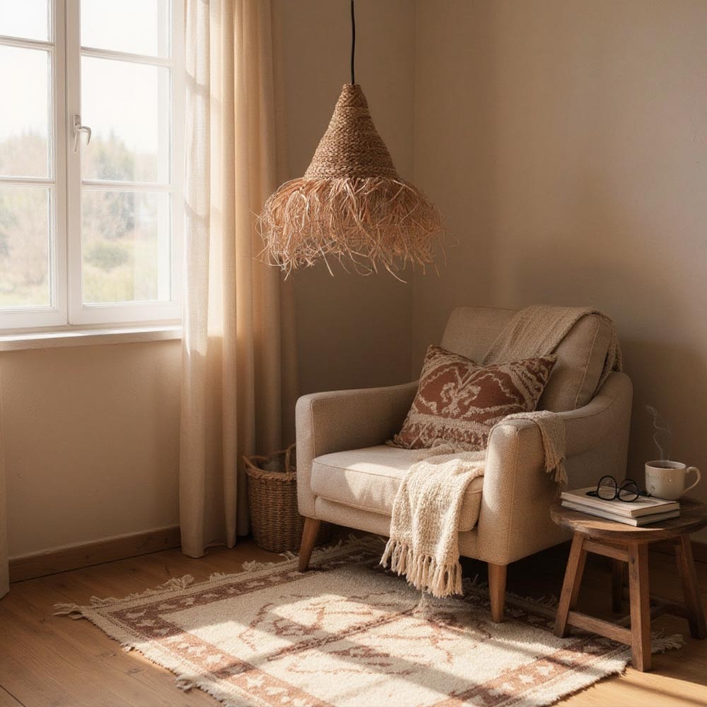 Abat-jour bohème en Raphia cannelle | Collection FARATSIHO