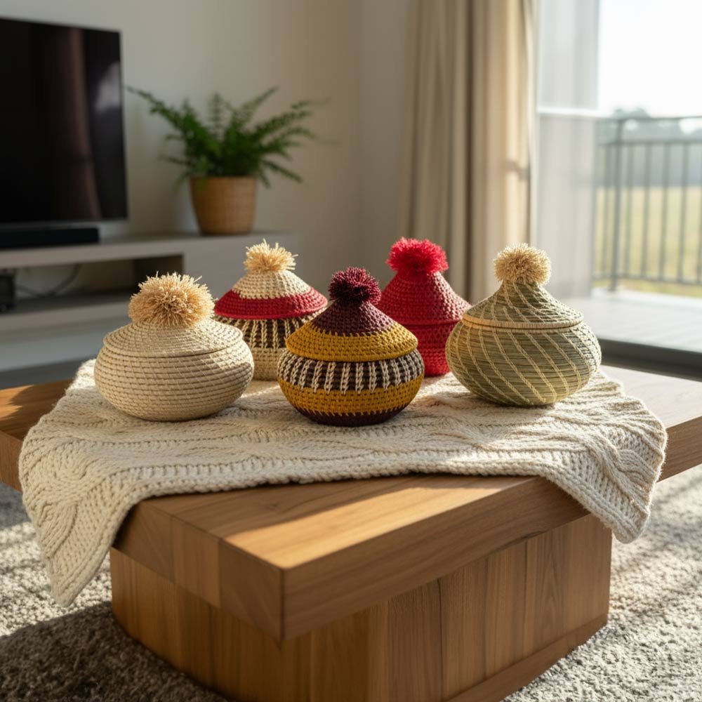 Petite boîte pompon en raphia naturel | Vert d'eau