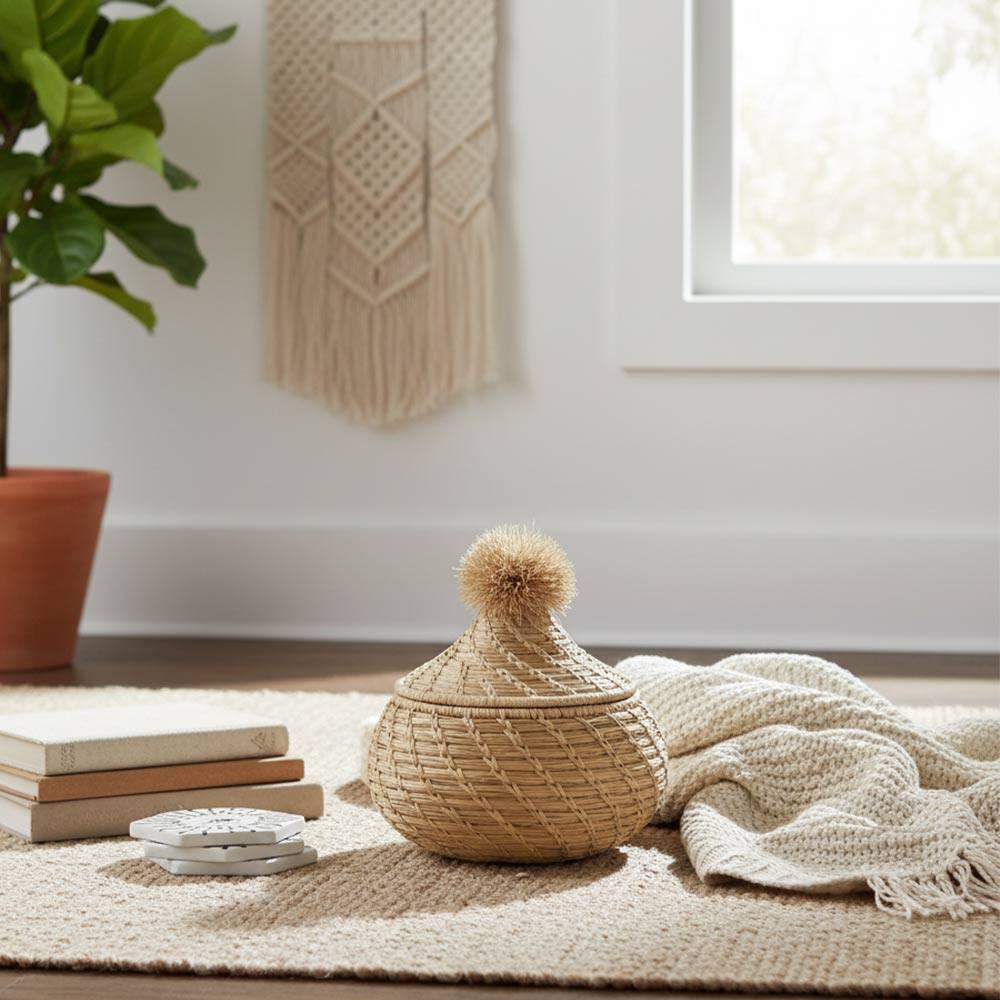 Petite boîte pompon en raphia naturel | Sable