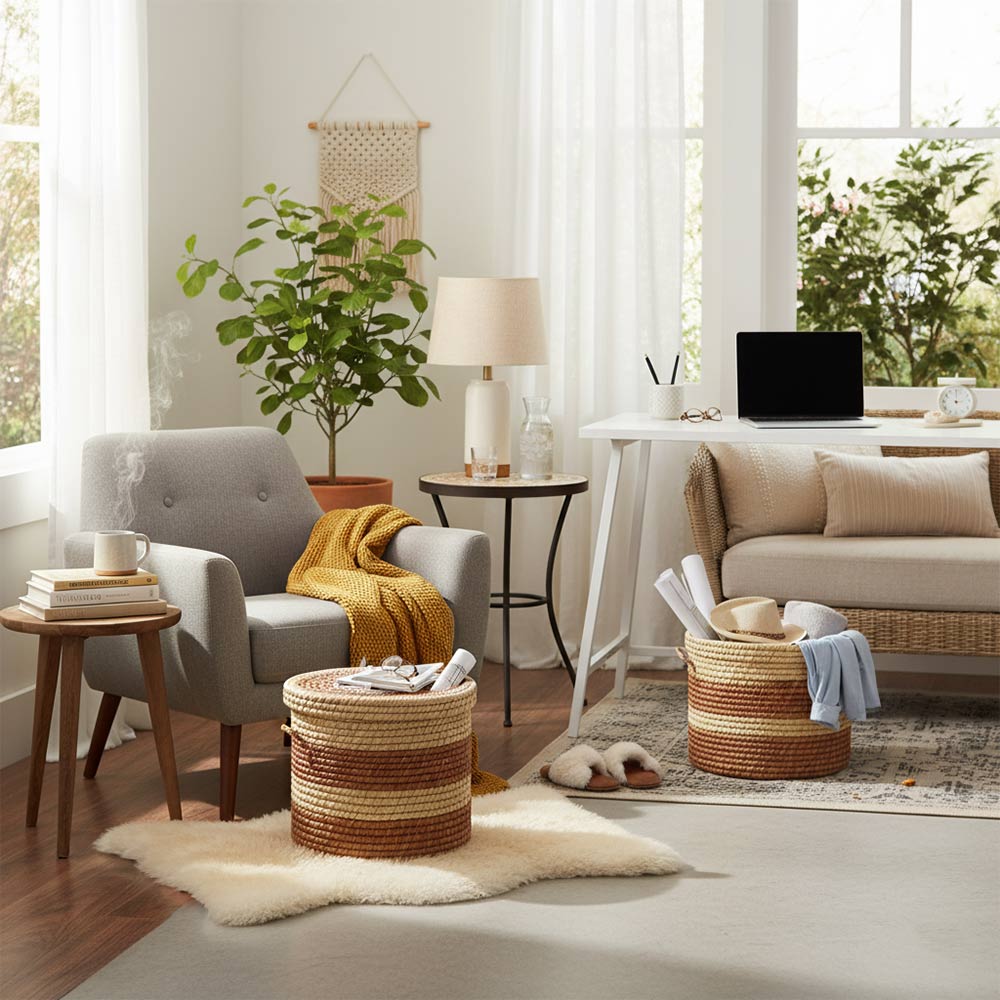 Petit panier de rangement en raphia tressé bohème