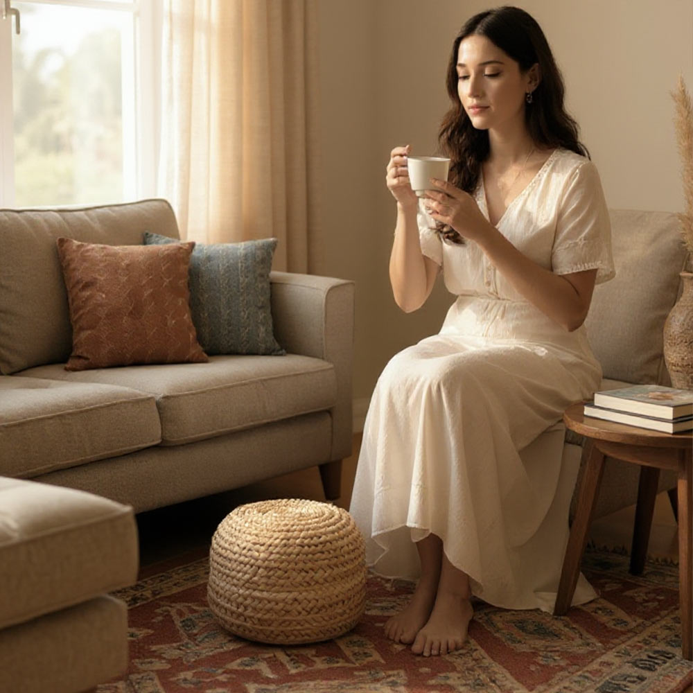 Petit Pouf en Raphia tressé bohème Cannelle