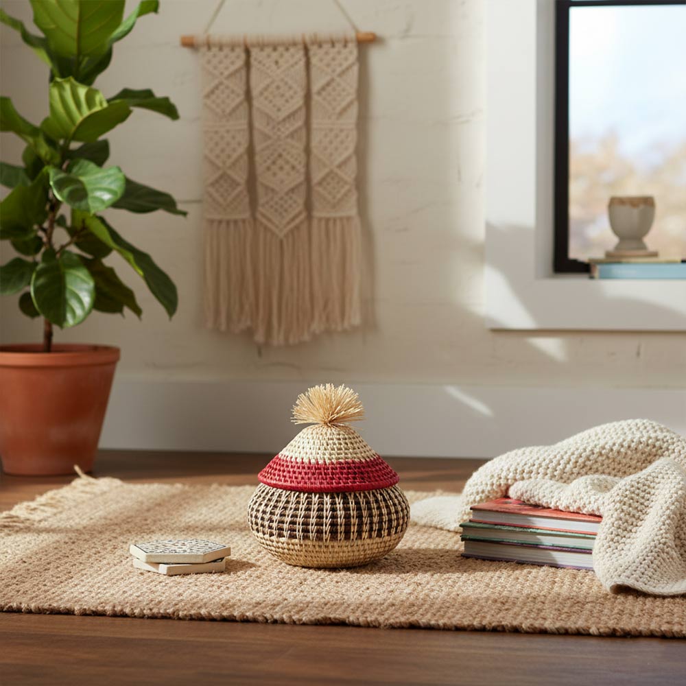 Petite boîte pompon en raphia naturel | Tricolore