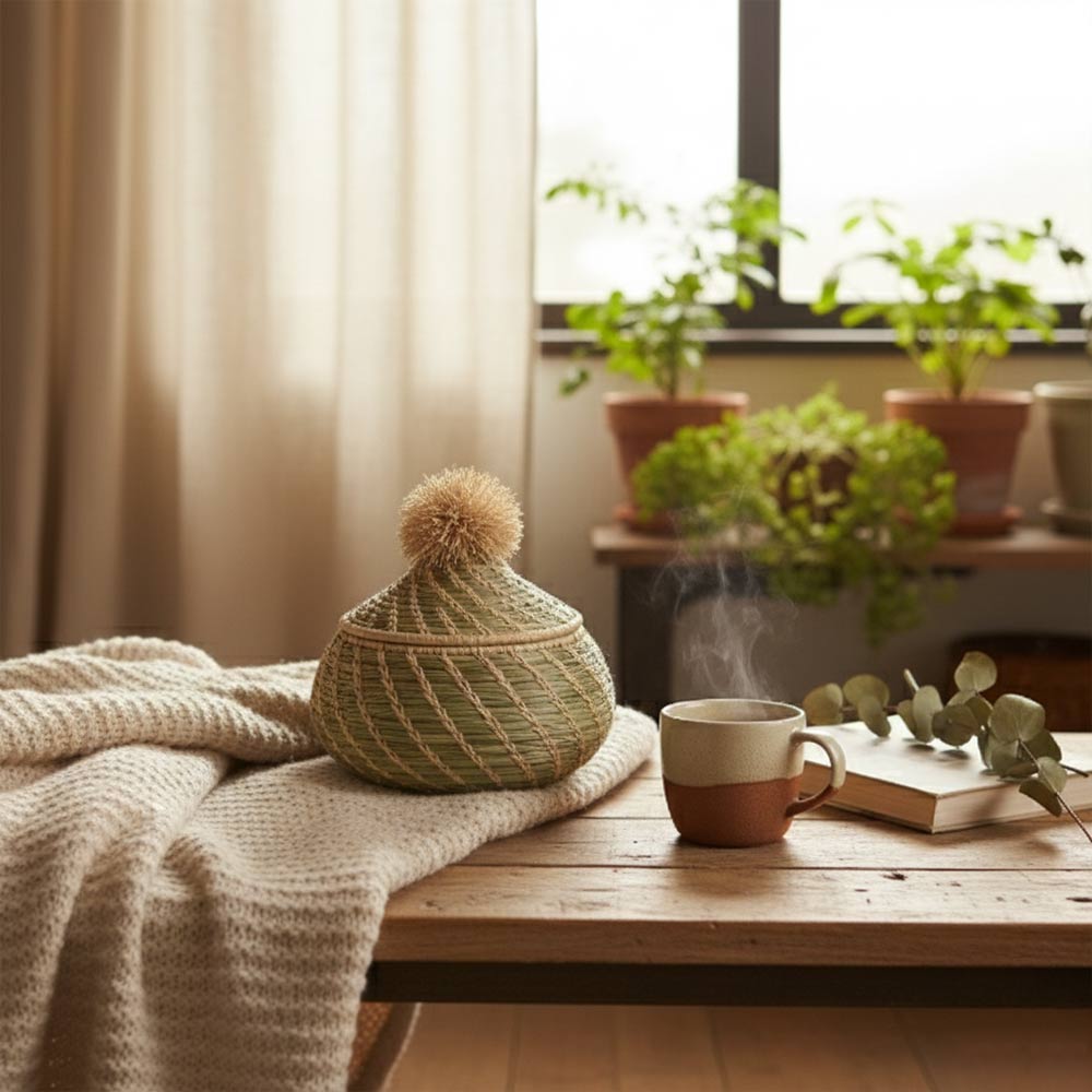 Petite boîte pompon en raphia naturel | Vert d'eau