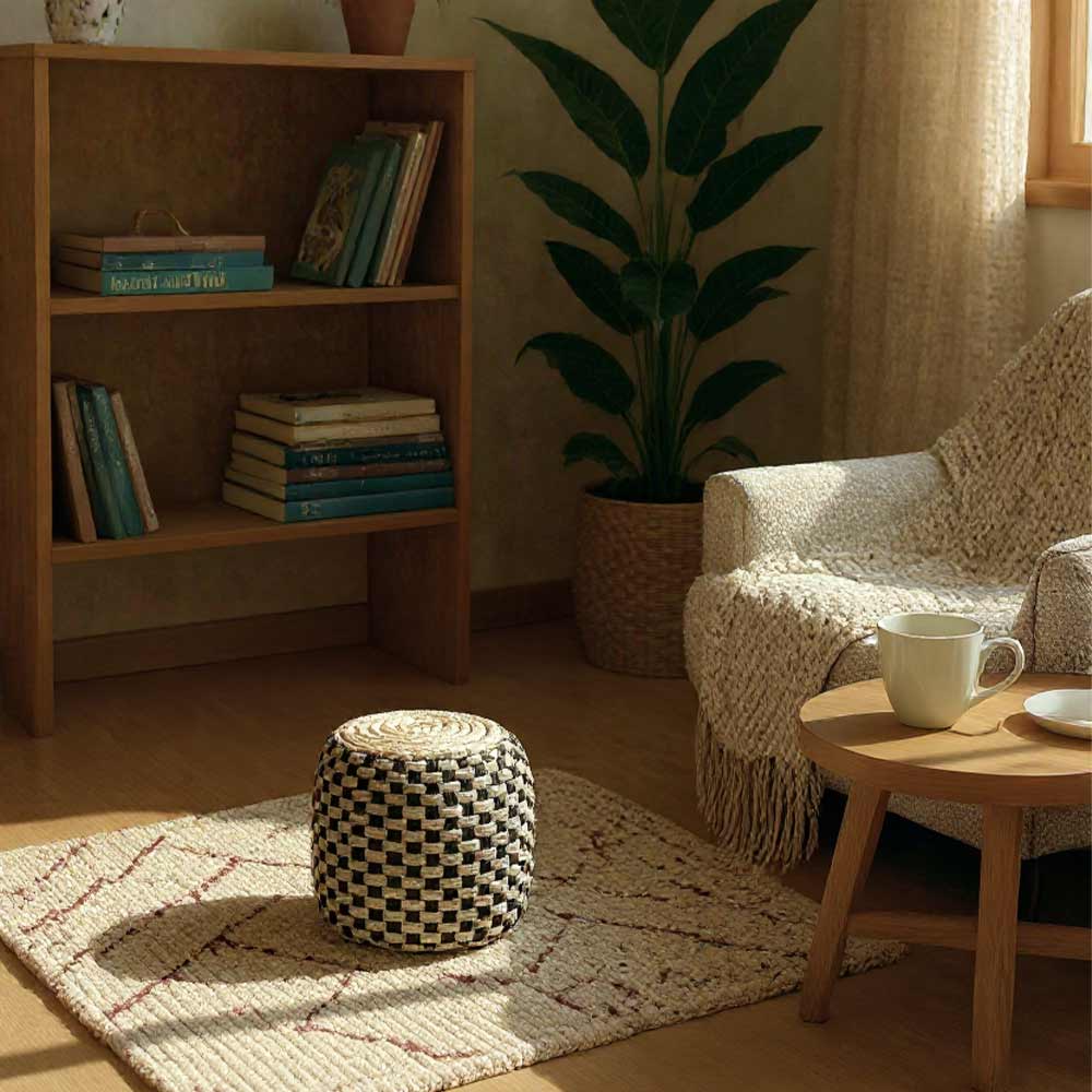 Petit Pouf en Raphia tressé bohème Noir et Naturel