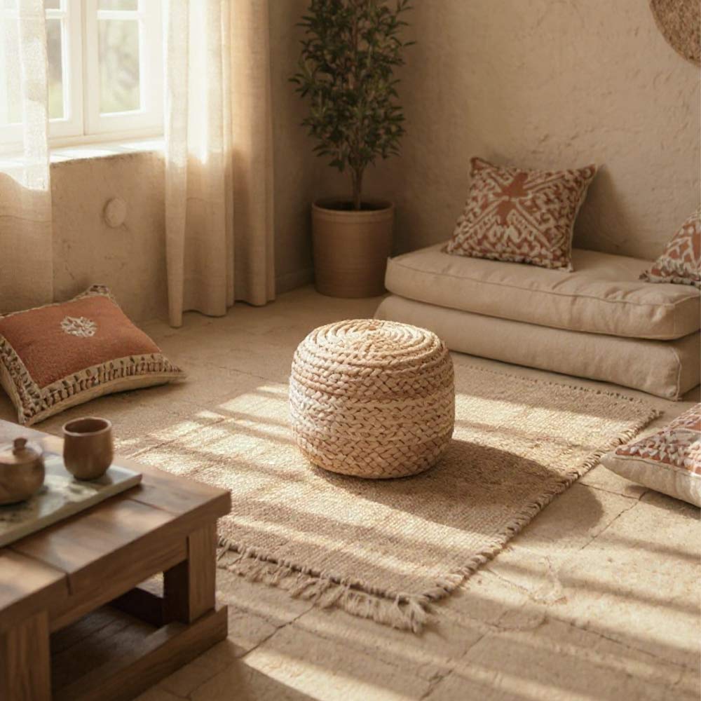 Petit Pouf en Raphia tressé bohème Cannelle