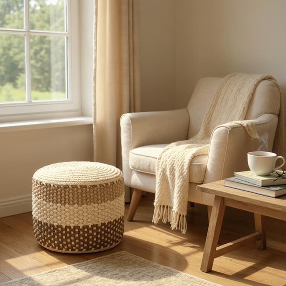 Grand Pouf en Raphia tressé bohème Tricolore