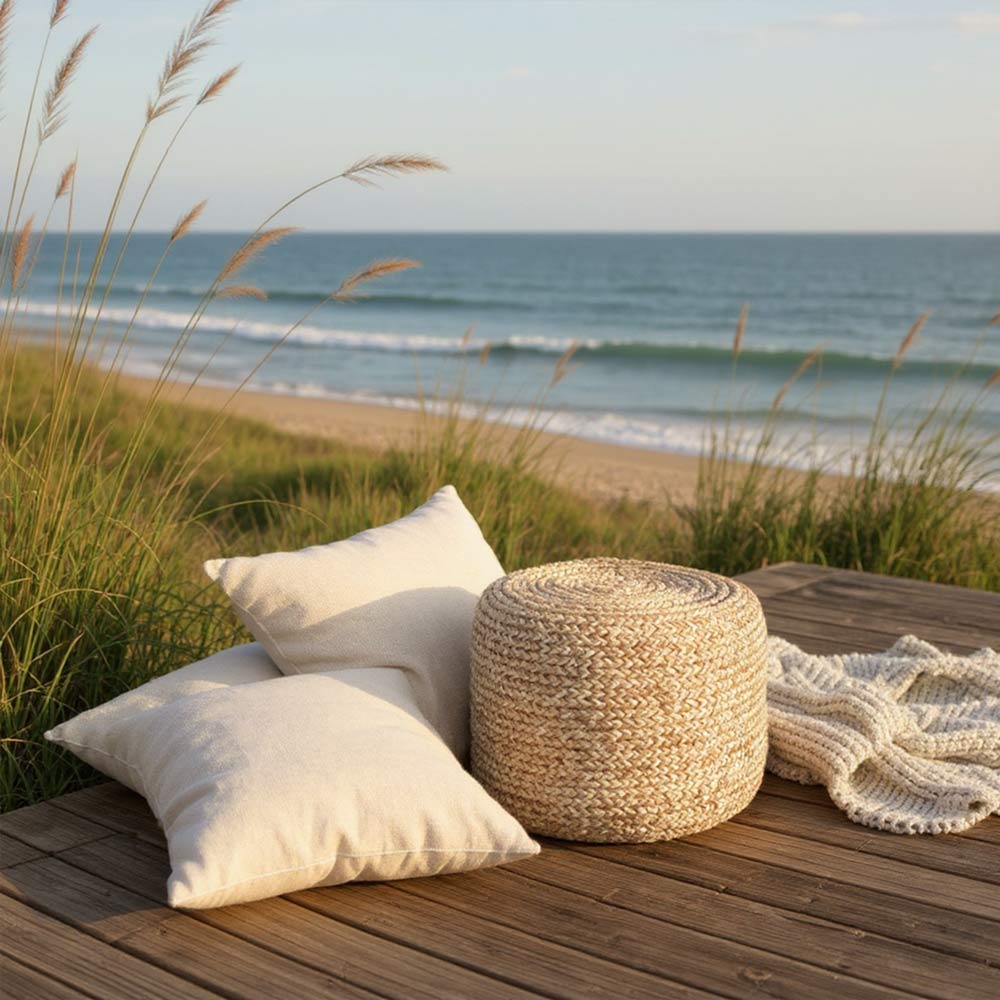 Grand Pouf en Raphia tressé bohème Cannelle