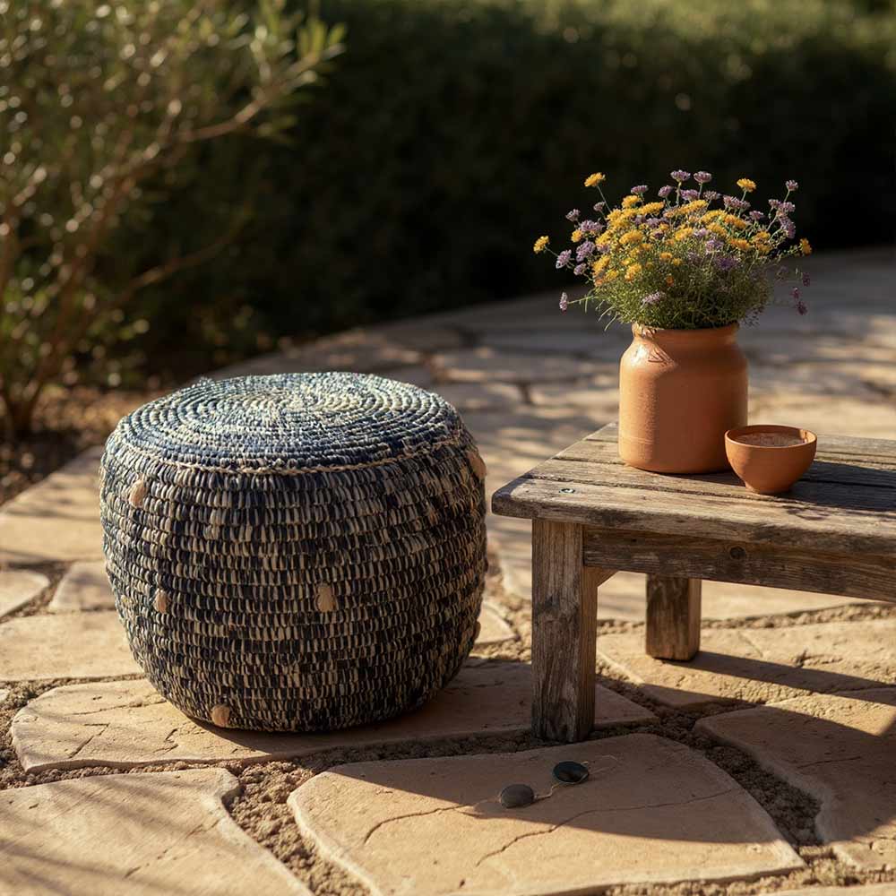 Pouf Moyen en Raphia tressé bohème Bicolore