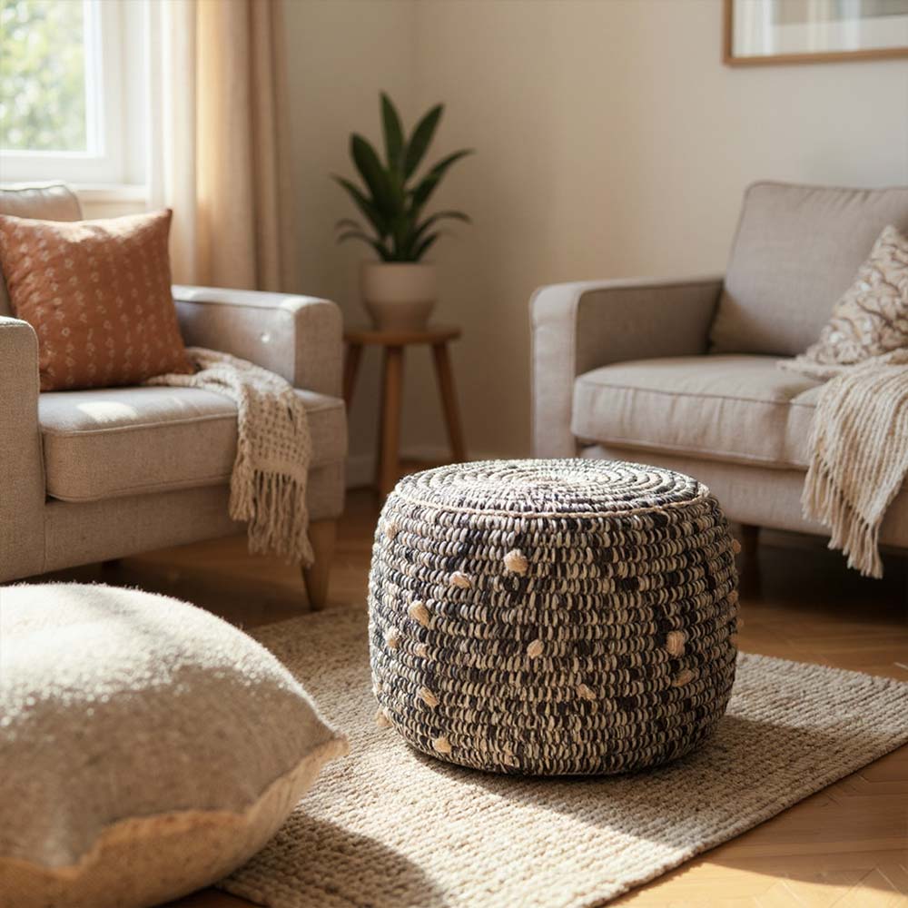 Pouf Moyen en Raphia tressé bohème Bicolore