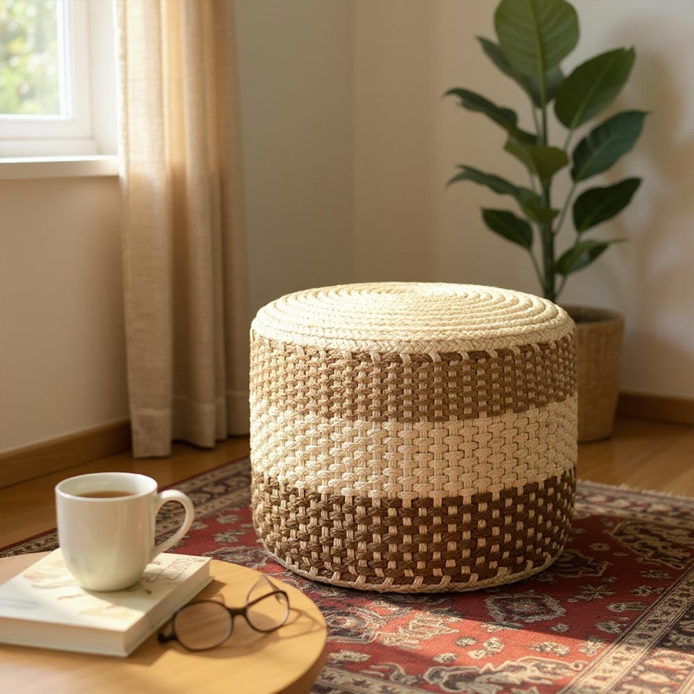 Grand Pouf en Raphia tressé bohème Tricolore