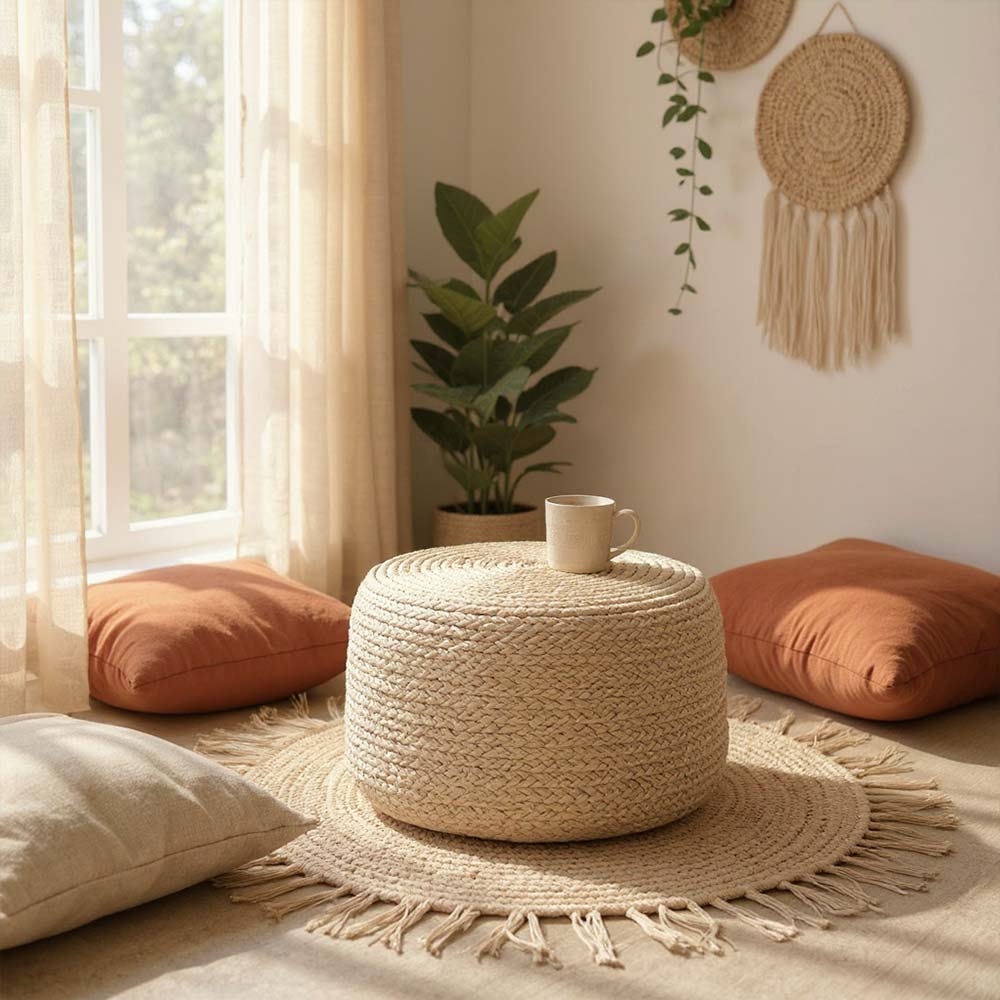 Grand Pouf en Raphia tressé bohème classique Sable