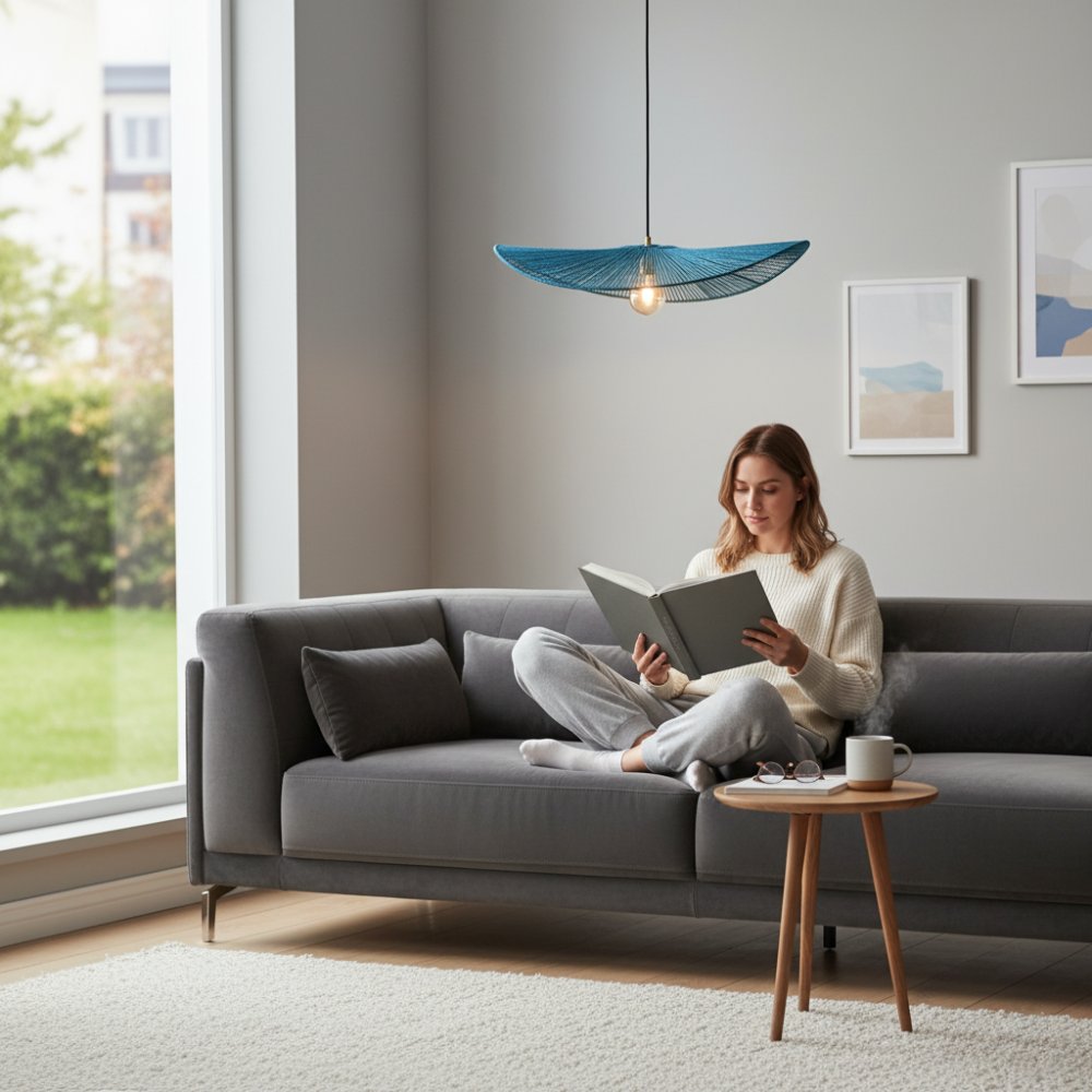 Suspension en corde naturelle bohème chic Bleu Lagon | Collection MANAKARA