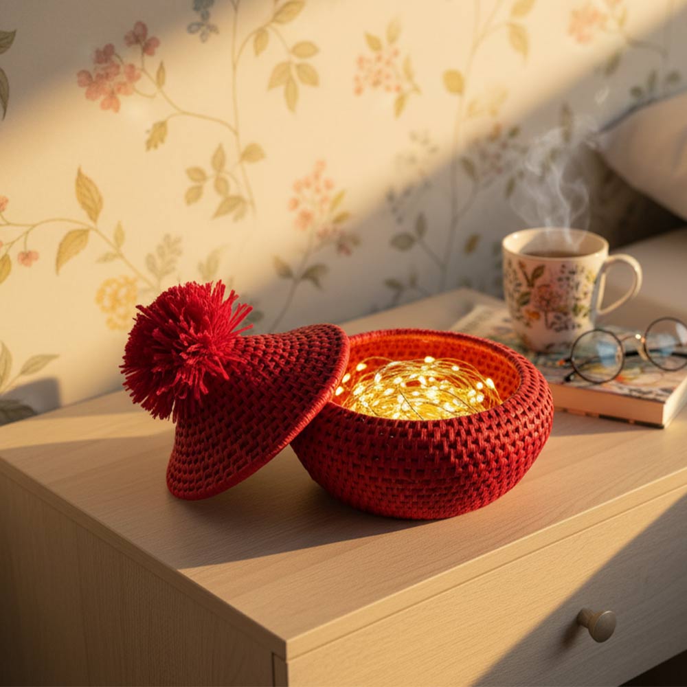 Petite boîte pompon en raphia naturel | Rouge