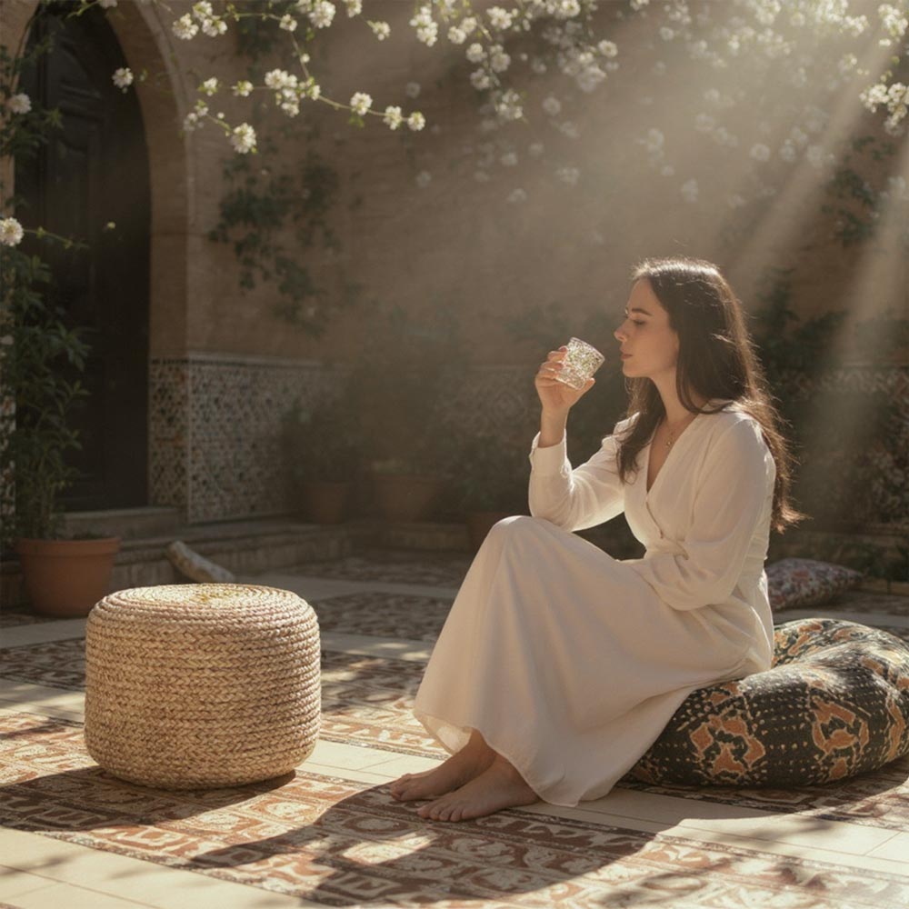 Grand Pouf en Raphia tressé bohème Cannelle