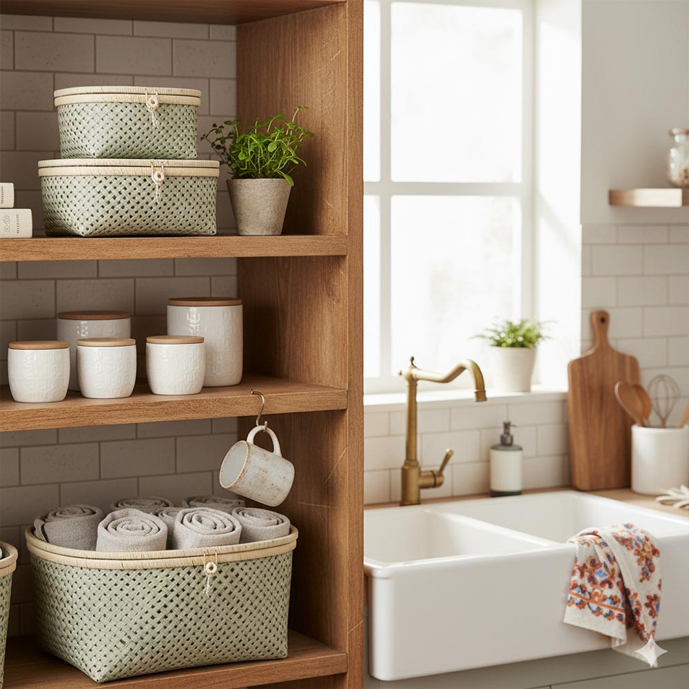 Kit de 3 paniers de rangement en raphia et fibre de palmier | Carré