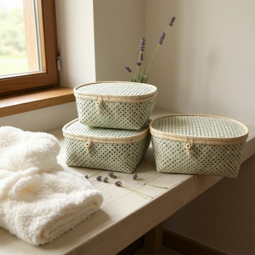 Kit de 3 paniers de rangement en raphia et fibre de palmier | Carré