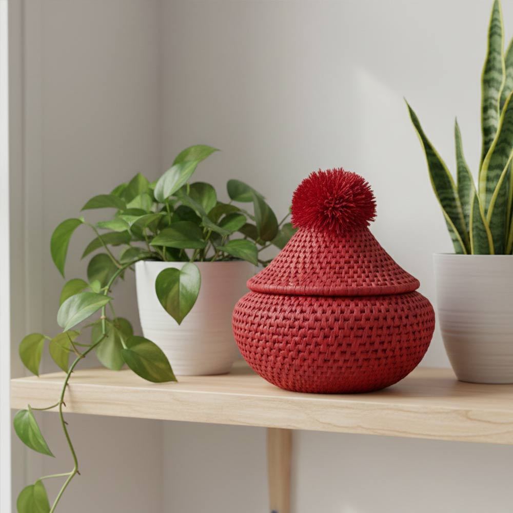 Petite boîte pompon en raphia naturel | Rouge