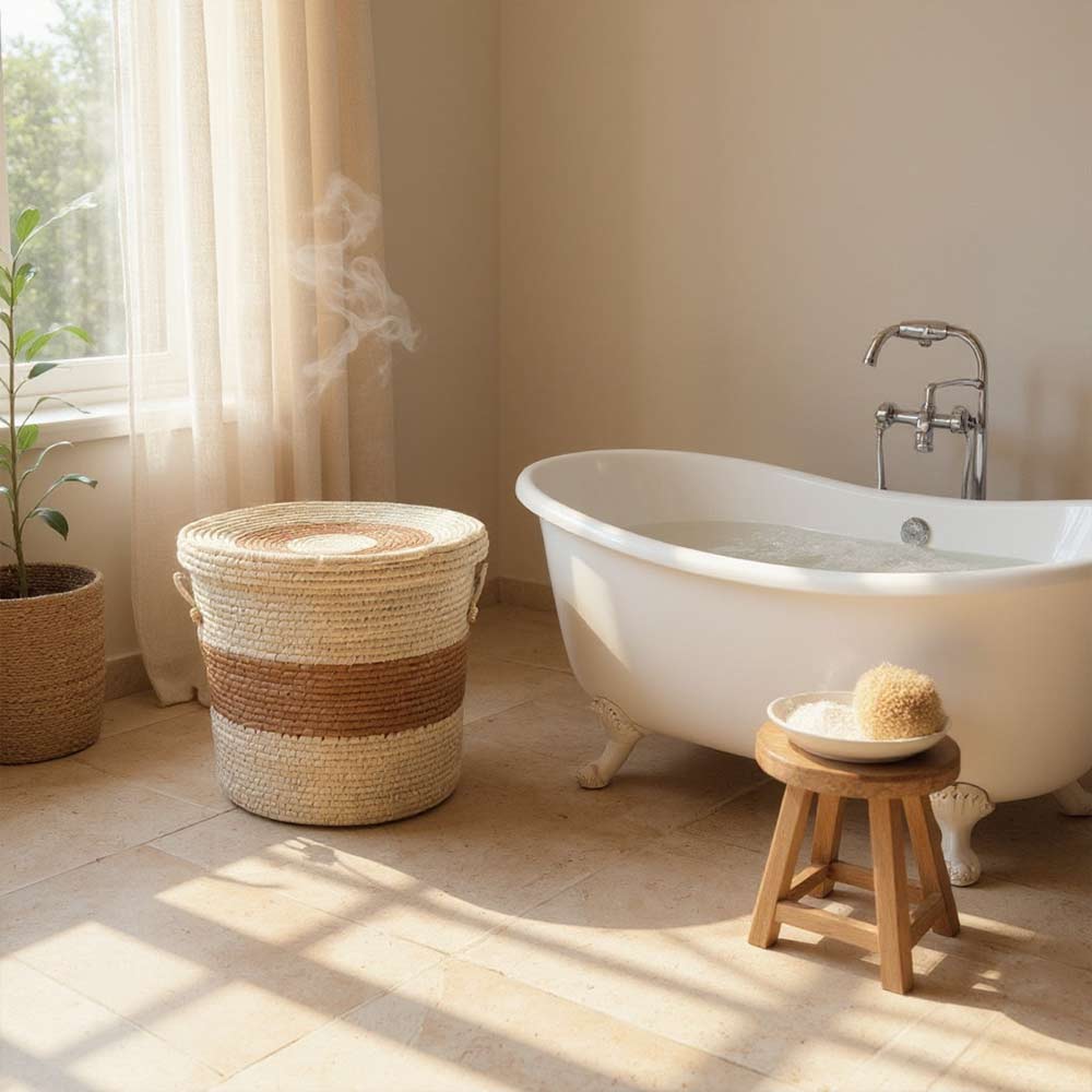 Panier moyen de rangement en raphia tressé bohème