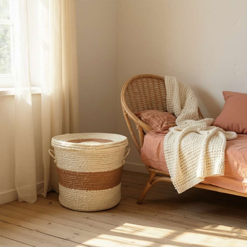 Panier moyen de rangement en raphia tressé bohème