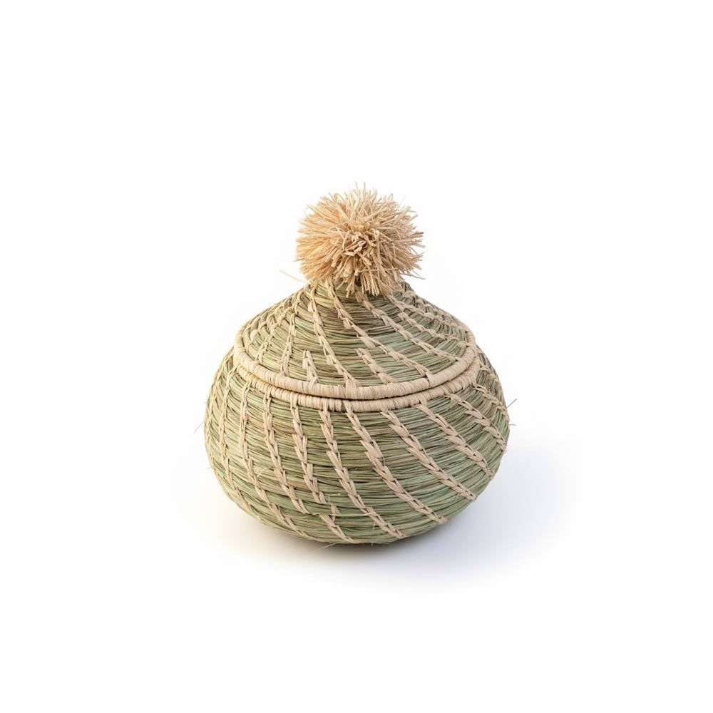 Petite boîte pompon en raphia naturel | Vert d'eau