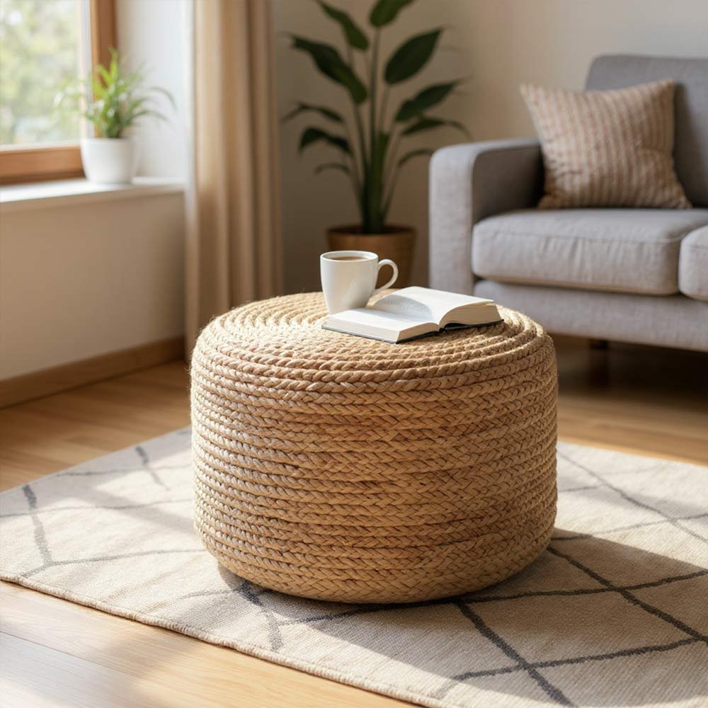 Grand Pouf en Raphia tressé bohème Cannelle