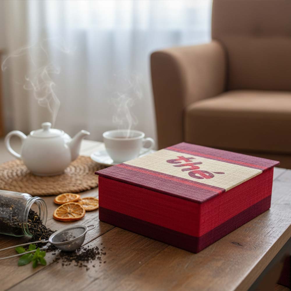 Boite à thé en raphia et bambou artisanal de Madagascar | Rouge