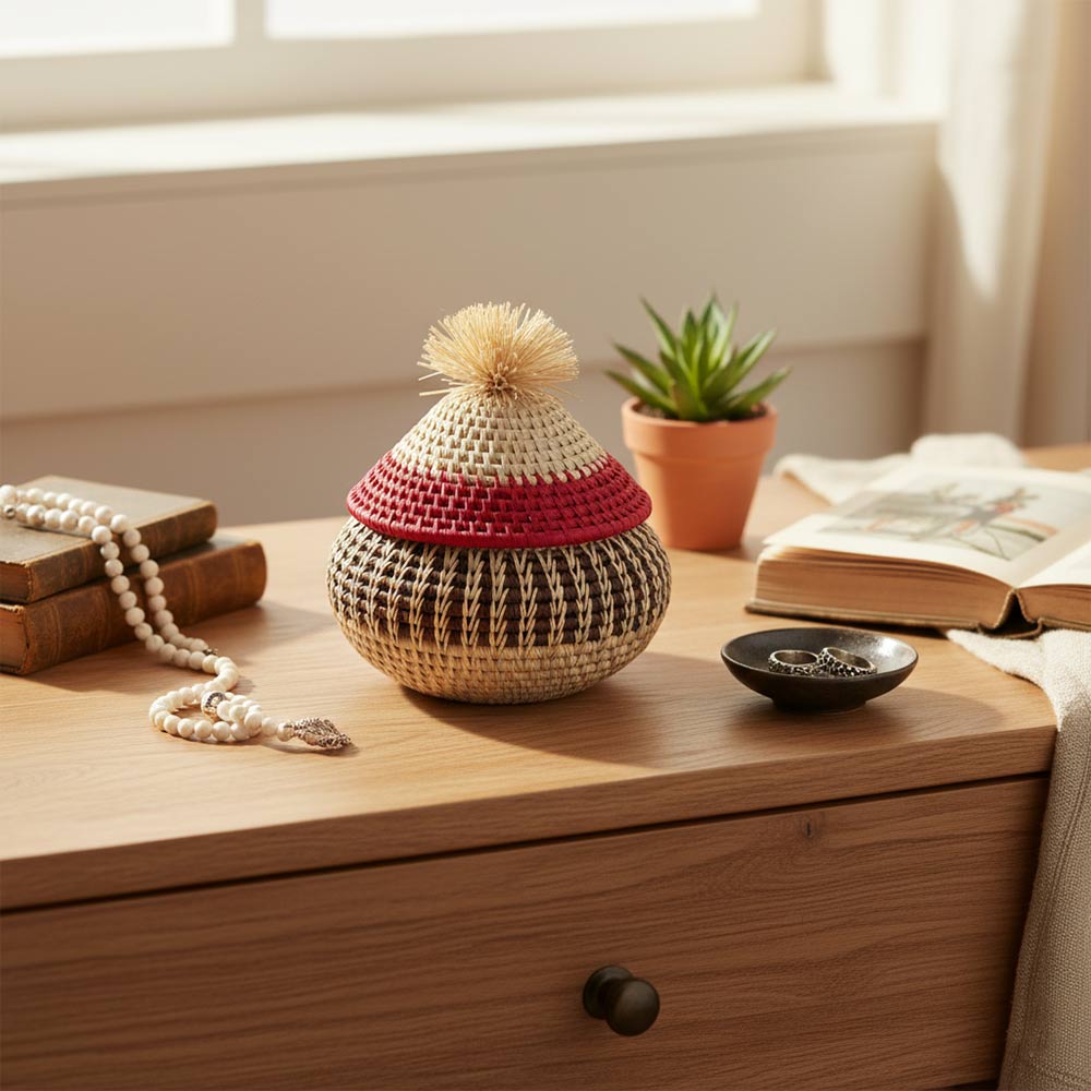 Petite boîte pompon en raphia naturel | Tricolore