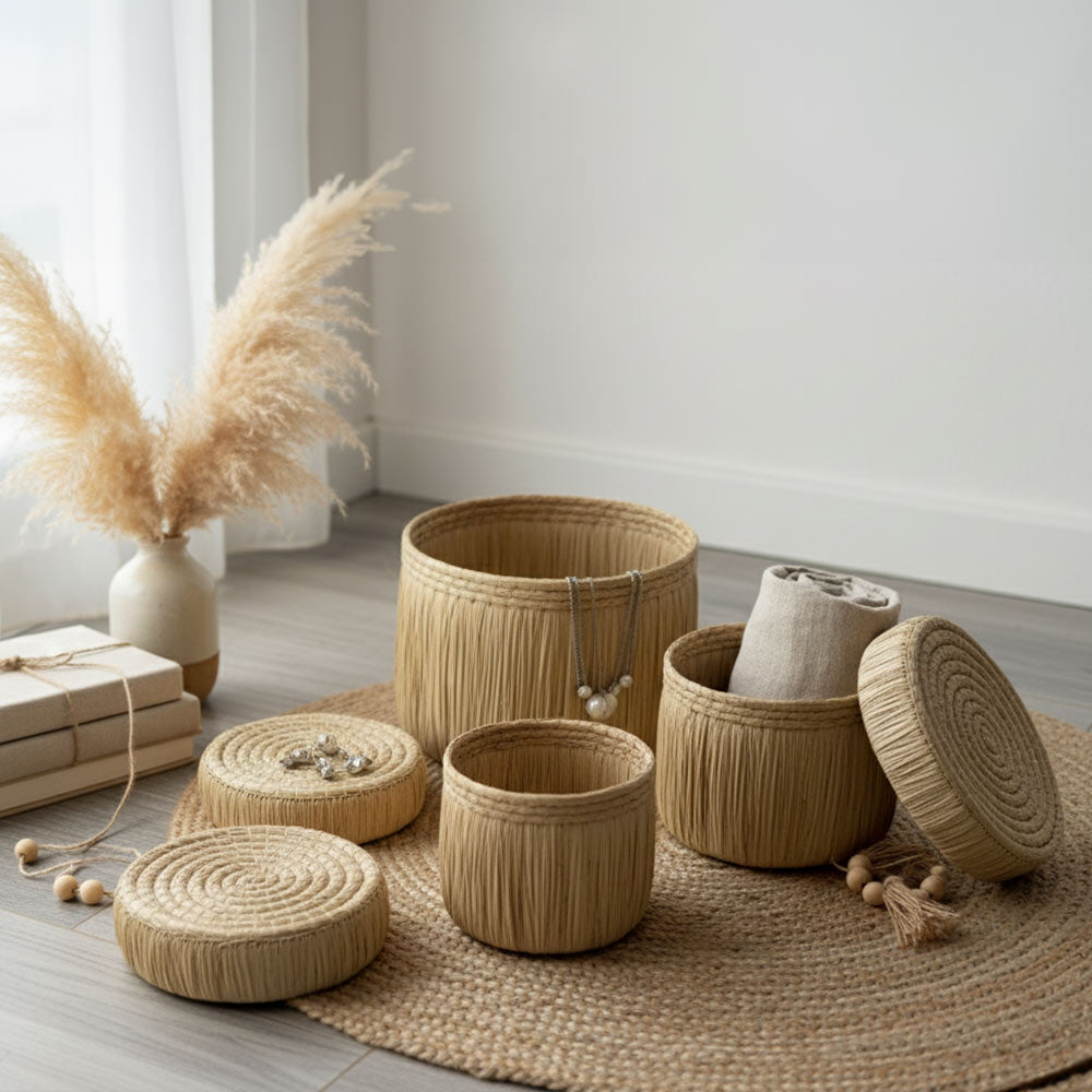 Petites boites de rangement en raphia | Lot de 3 boites