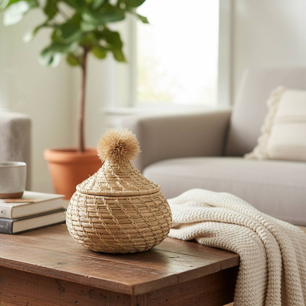 Petite boîte pompon en raphia naturel | Sable