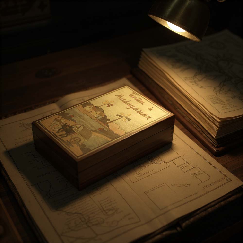 Boite de rangement en bois Tintin à Madagascar | Charette Zébus