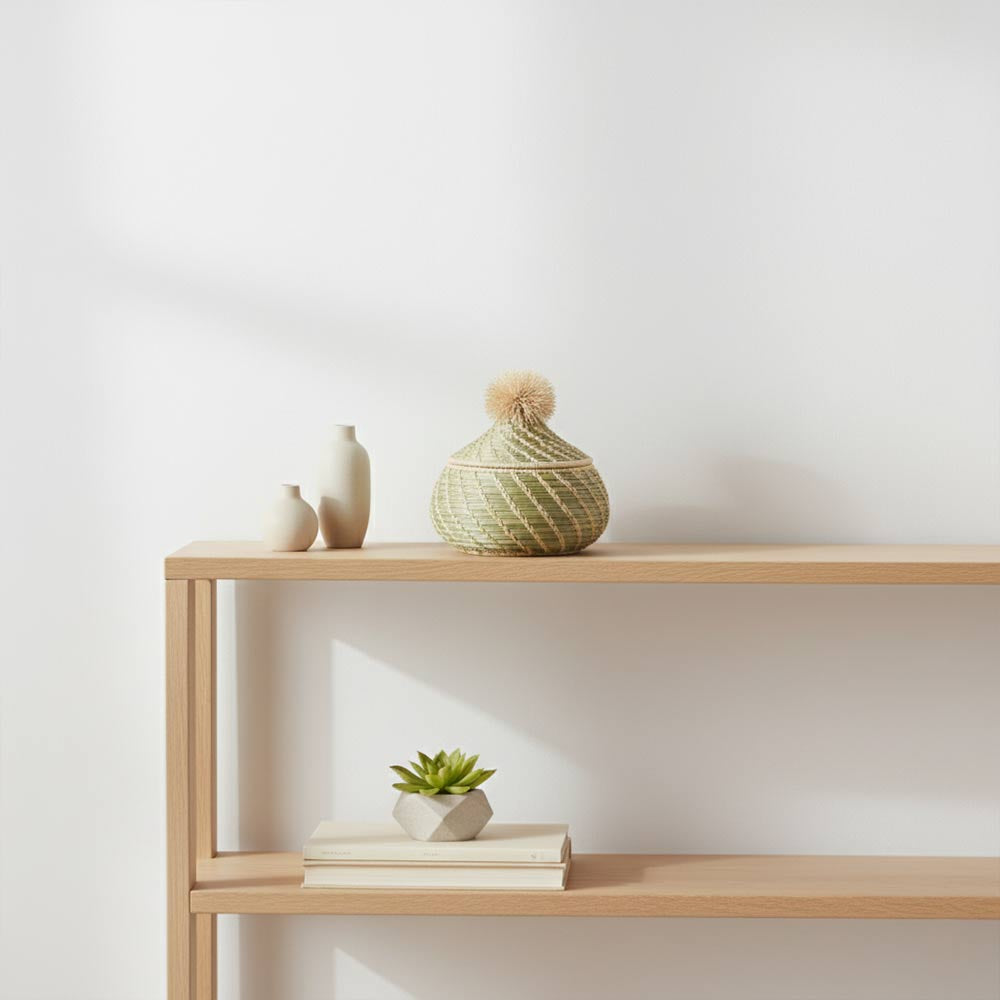 Petite boîte pompon en raphia naturel | Vert d'eau