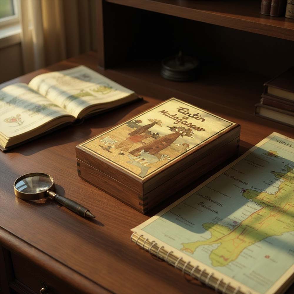 Boite de rangement en bois Tintin à Madagascar | Lémuriens