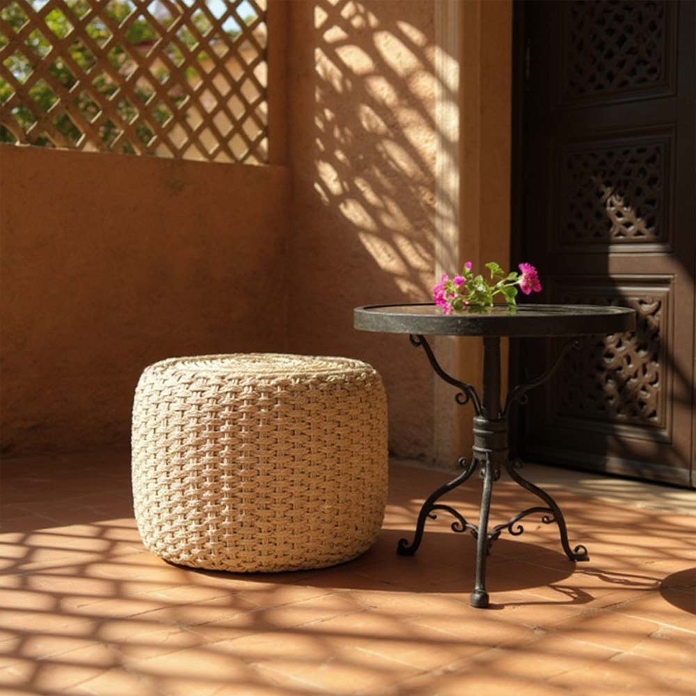 Pouf Moyen en Raphia tressé beige