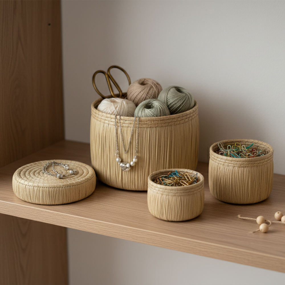 Petites boites de rangement en raphia | Lot de 3 boites