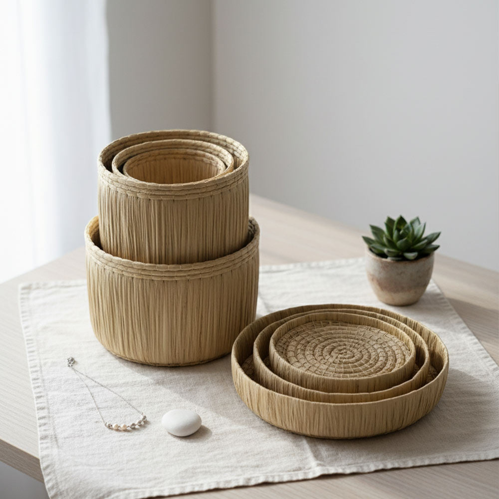 Petites boites de rangement en raphia | Lot de 3 boites