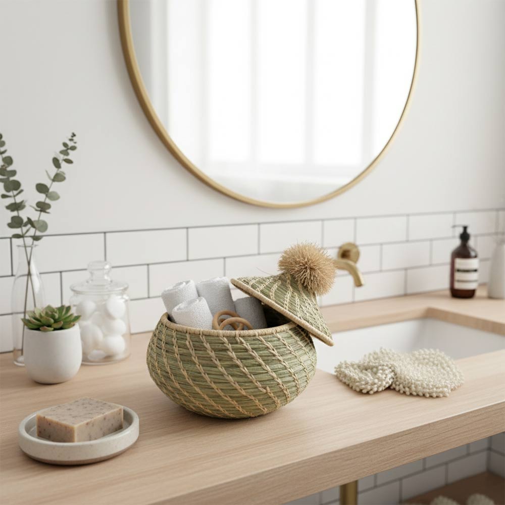 Petite boîte pompon en raphia naturel | Vert d'eau