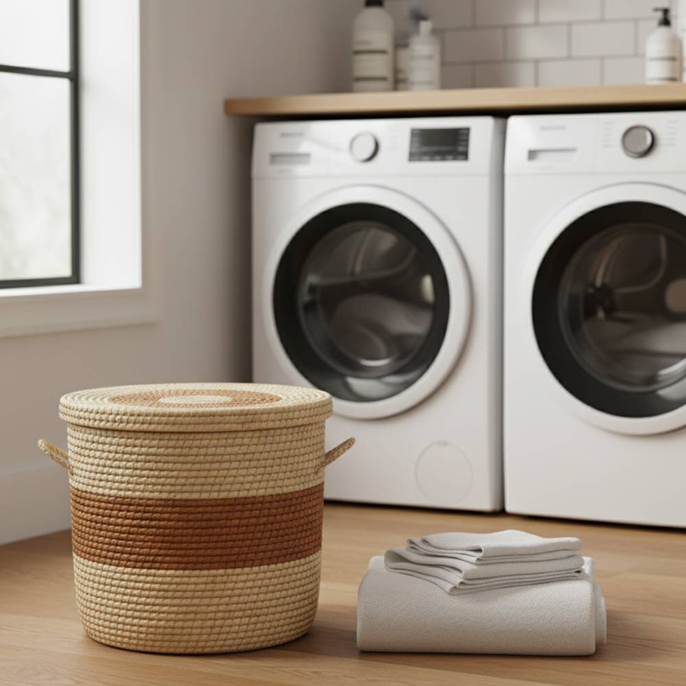 Grand panier de rangement en raphia tressé bohème