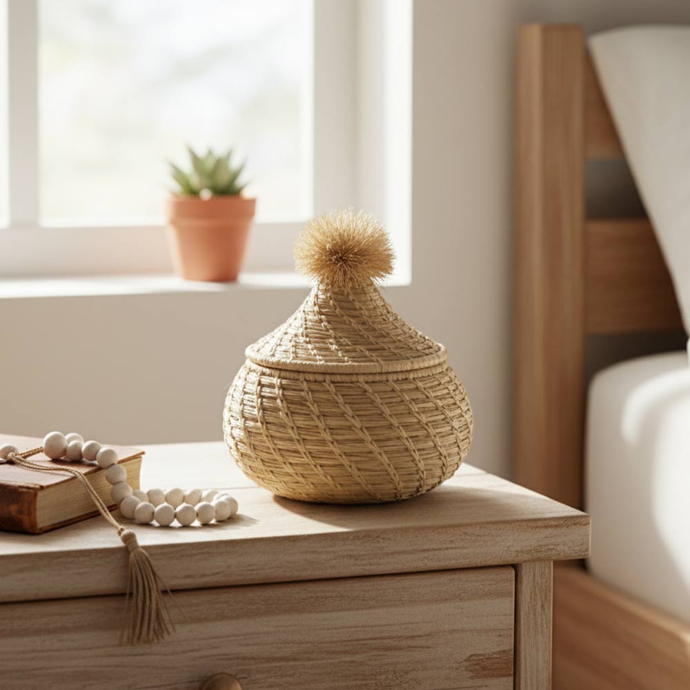 Petite boîte pompon en raphia naturel | Sable