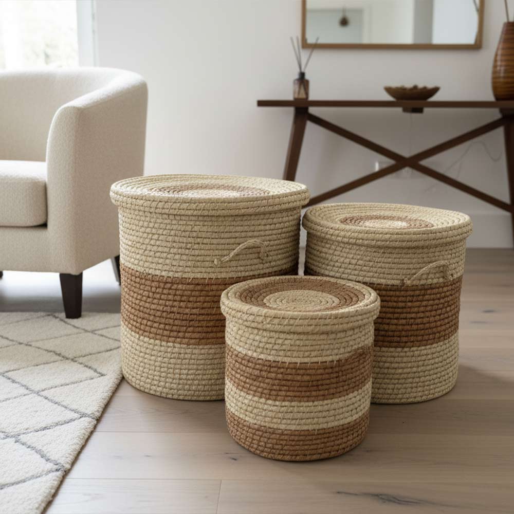 Panier moyen de rangement en raphia tressé bohème