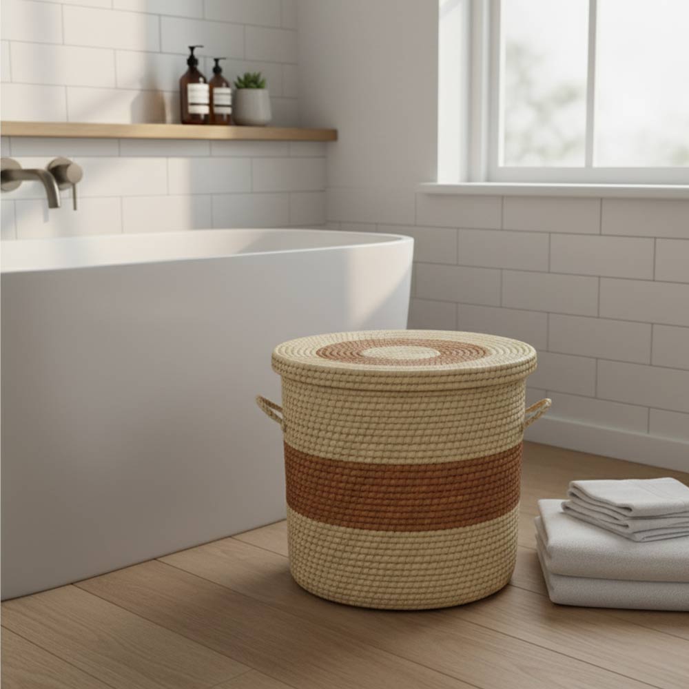 Grand panier de rangement en raphia tressé bohème