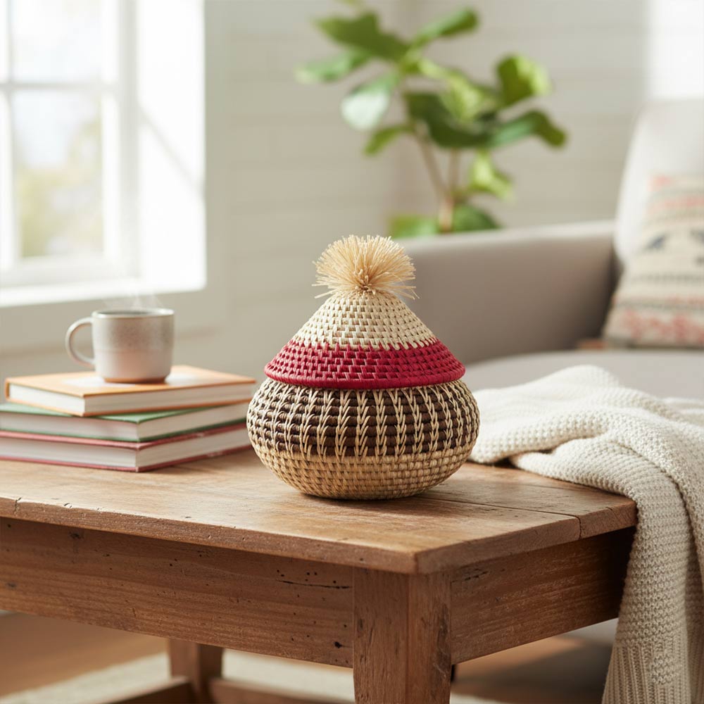 Petite boîte pompon en raphia naturel | Tricolore