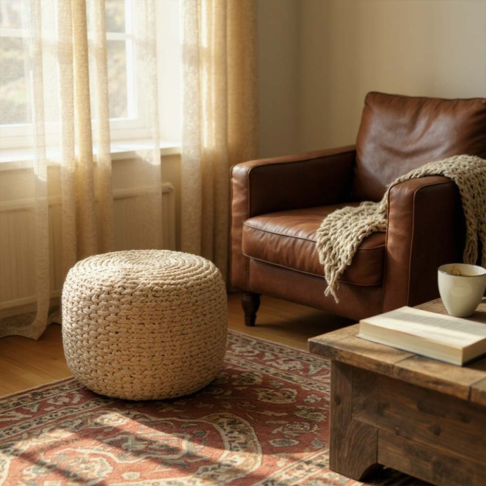 Pouf Moyen en Raphia tressé beige